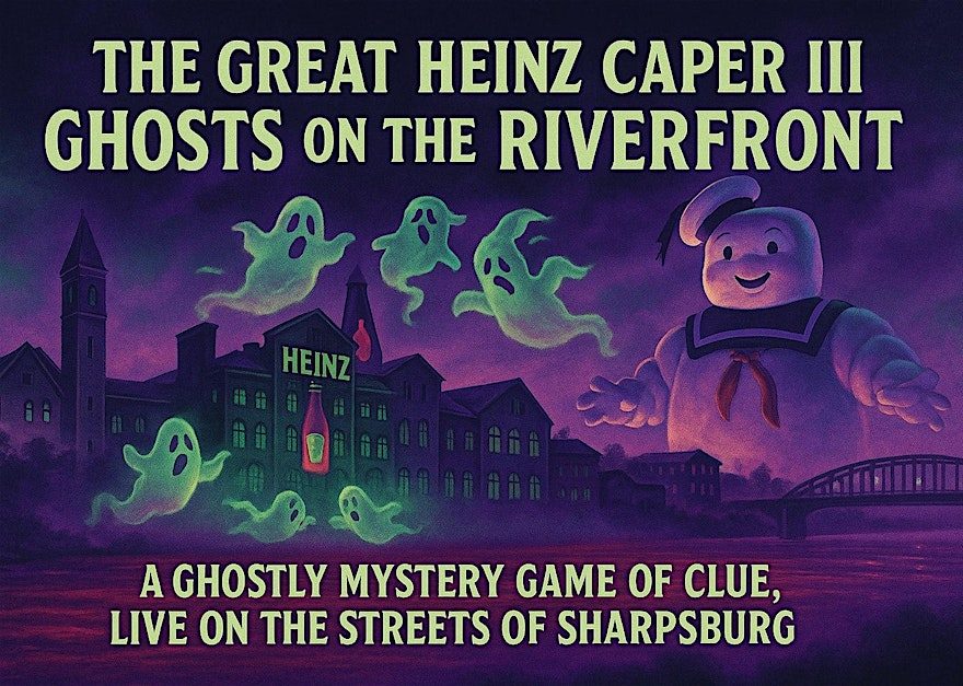 The Great Heinz Caper III: Ghosts on the River Front. Image shows a purple skyline of Pittsburgh showcasing the Heinz Factory and a bridge. Green translucent ghosts and a giant marshmallow man haunt the landscape.