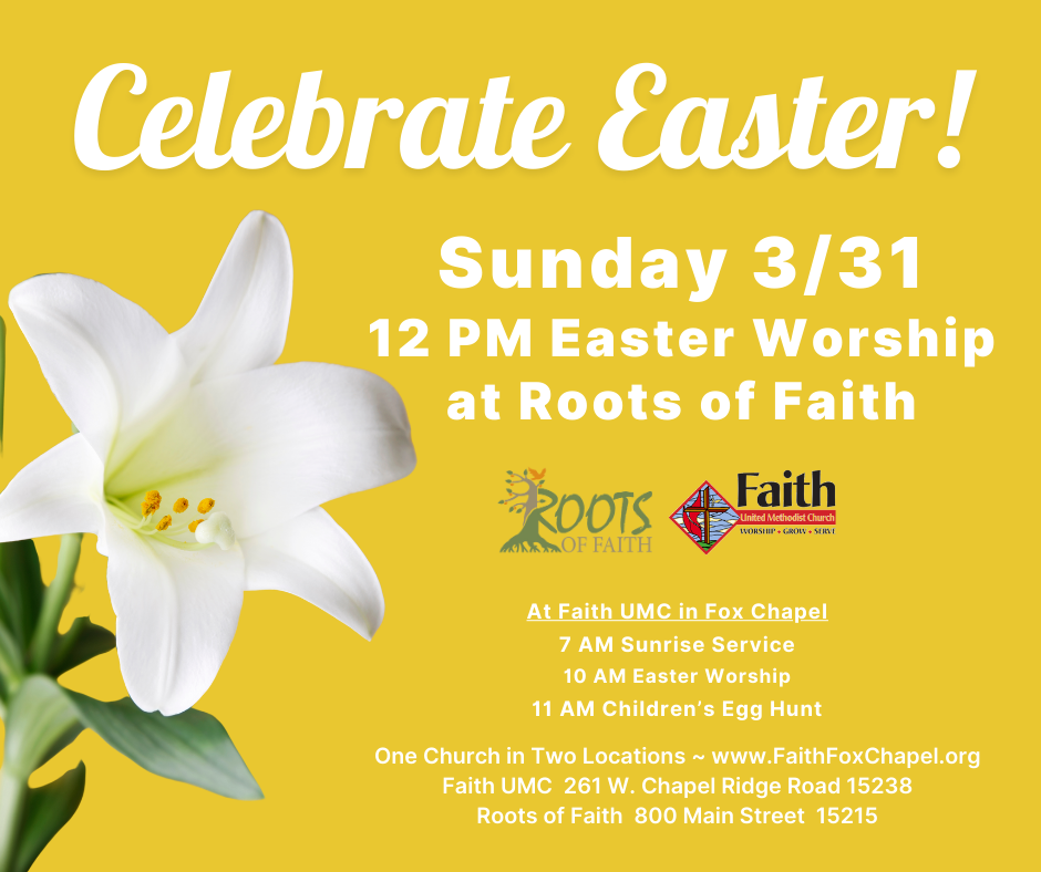 White easter lily on yellow background.
Celebrate Easter Sunday 3/31 12 PM Easter Worship at Roots of Faith